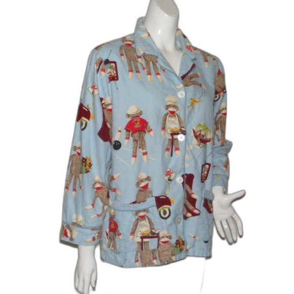 NICK & NORA Pajama Top, M, Blue, Sock Monkey Daily Tasks, Long sleeves, Fleece - Picture 2 of 8
